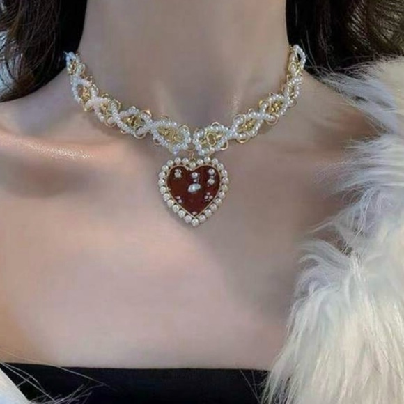 “Red Heart Sea of Pearls” Flake Shard Float Drift Love Romance Ocean Necklace - Picture 6 of 16